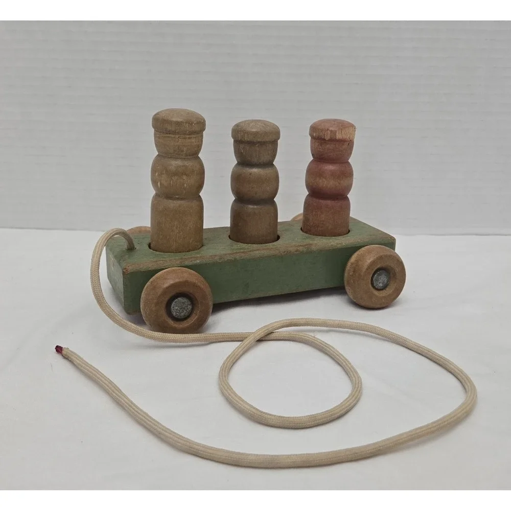 Holgate Wooden Pull Toy with 3 People Pegs, Vintage Kids Learning Original Paint